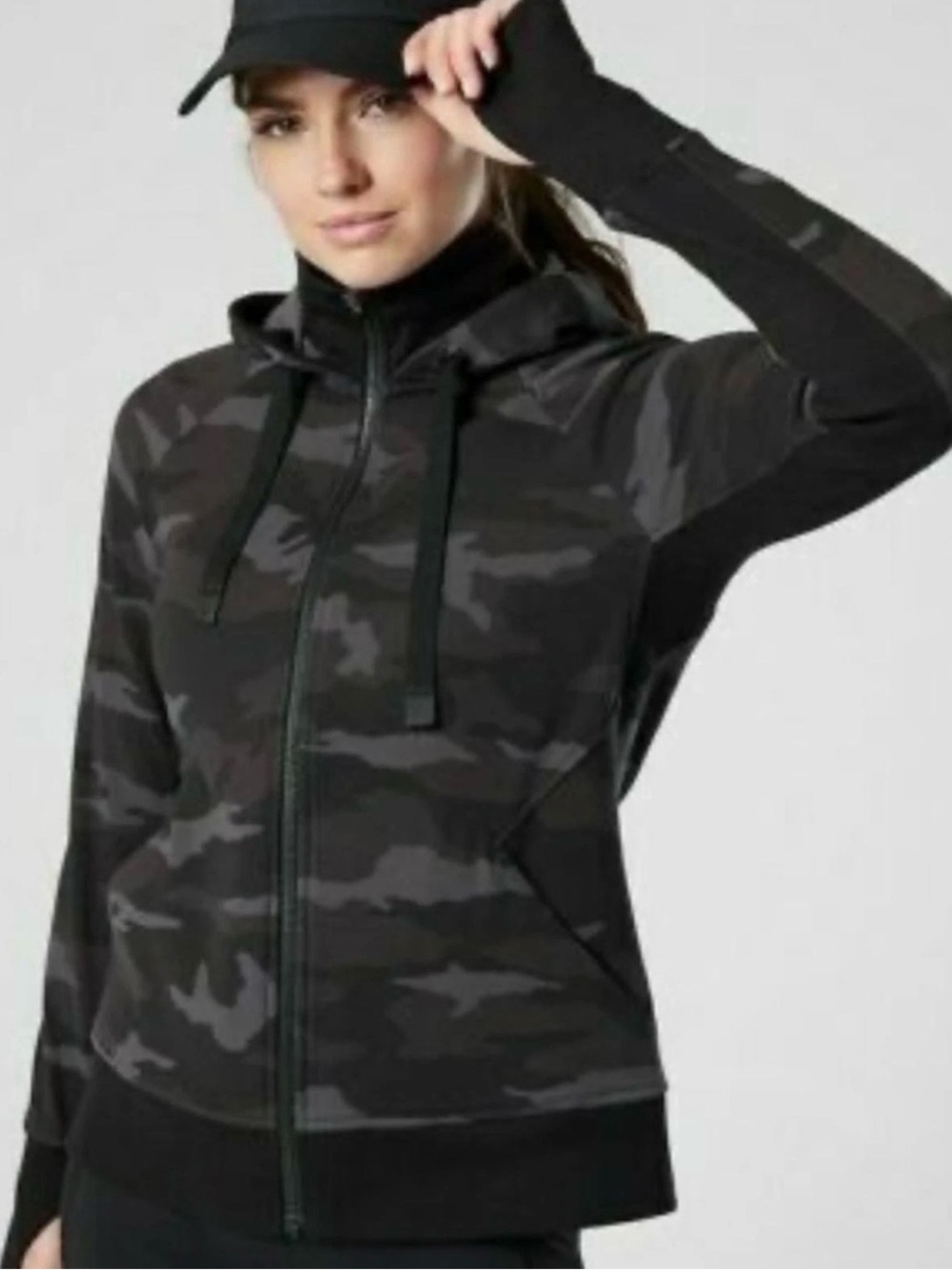 Athleta Triumph Camo Black & Gray Full-Zip Hoodie Jacket - Sz L